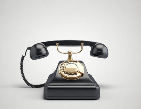 Schwarzes Vintage-Telefon mit Wählscheibe auf einem neutralen Hintergrund.